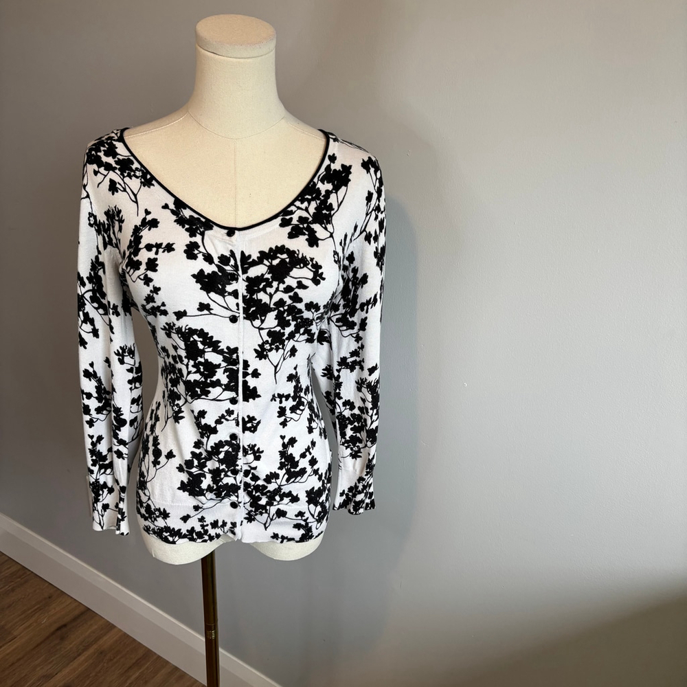 H&M Women's Black & White Floral Cotton Knit Cardigan, SZ M